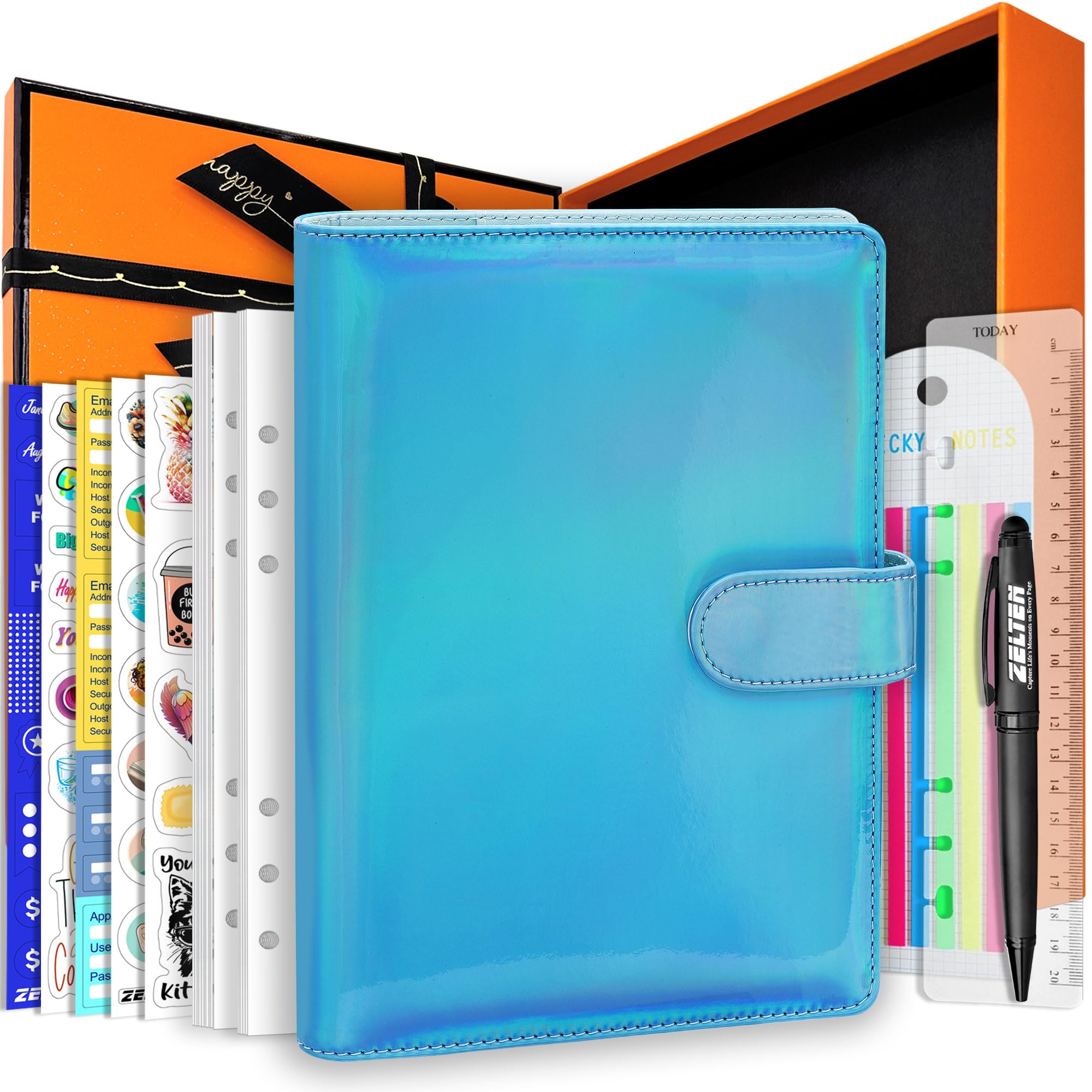 

PU Leather Personal Notebook Planner with 67 Pages, 6-Ring Binder, Pen Holder, and Magnetic Buckle (Holographic Cyan, A5 Gift Box)