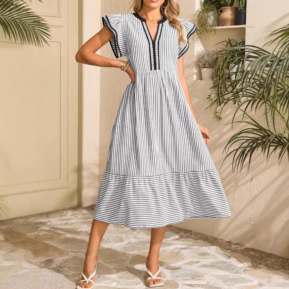 2026 European & American Fashion Women's Striped Double Ruffle Short Sleeve Color Block V-neck Skirt