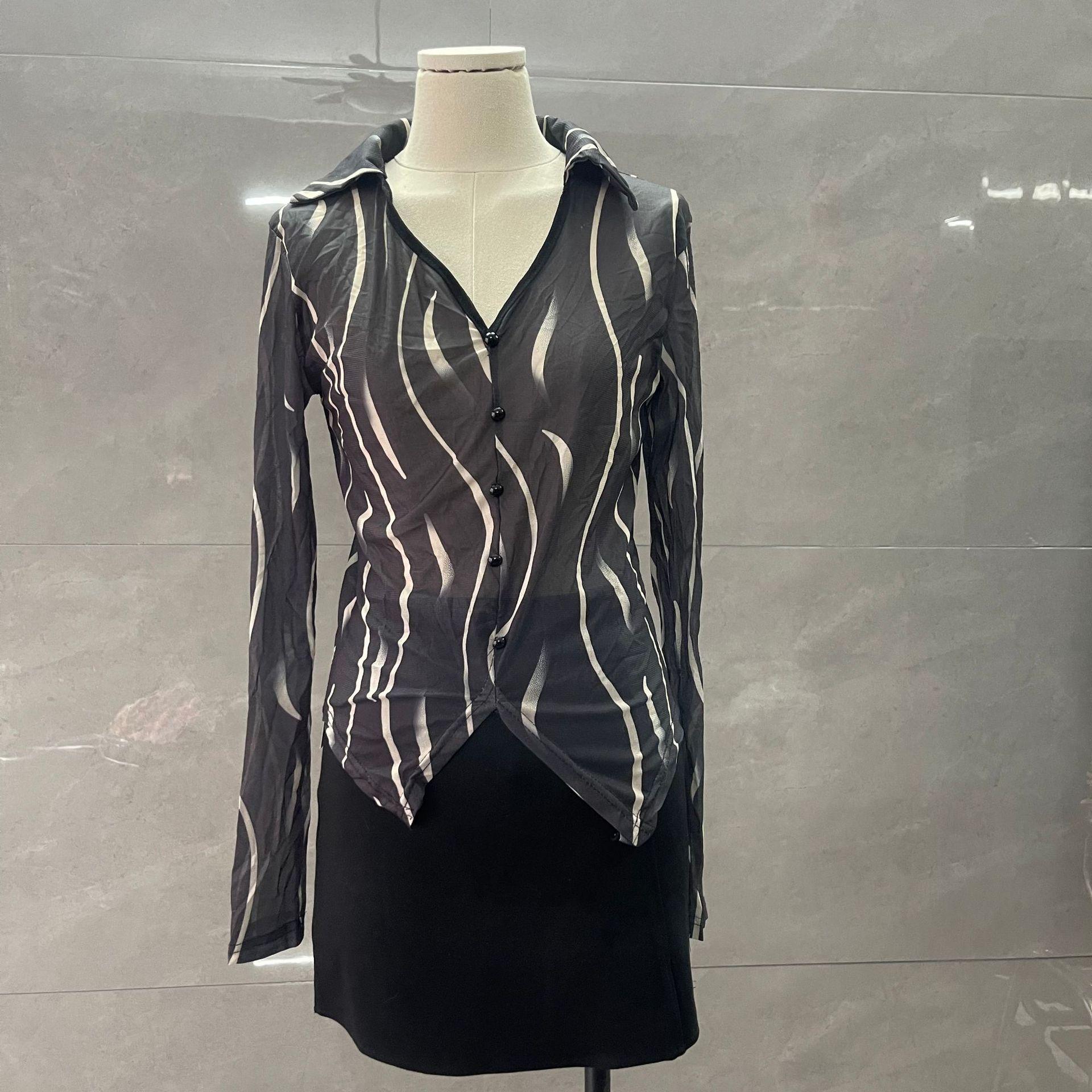 

Женская прозрачная сетчатая полосатая рубашка - Приталенный, универсальный солнцезащитный топ на весну/лето M (Approx. 105 lbs)