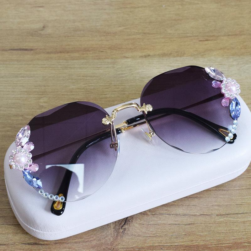College Style Frameless Diamond-inlaid Sunglasses Women Round Face Big Face Slim Sunglasses Women Gradient