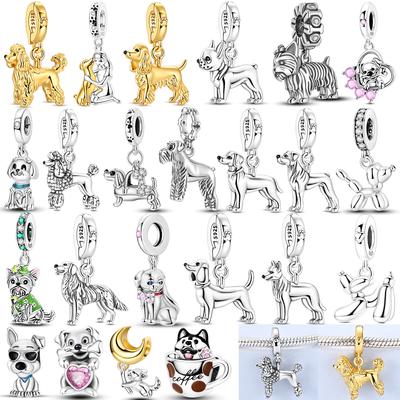 Cute Pets Dog Charms Bead 925 Silver CZ Zircon Golden Retriever Teddy Puppy Pendants Fit Original Bracelet DIY Jewelry