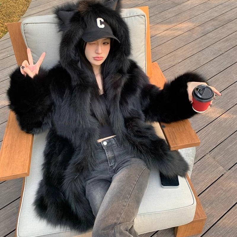 New imitation fox fur light fur coat hooded ears cute fluffy autumn and winter thickened medium and long coat