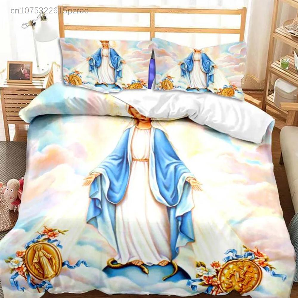 Tema Gesù Vergine Maria Set Biancheria da Letto per Bambini Camera da Letto Copripiumino Set per Letto per Bambini Poliestere Set Copripiumino con Federa