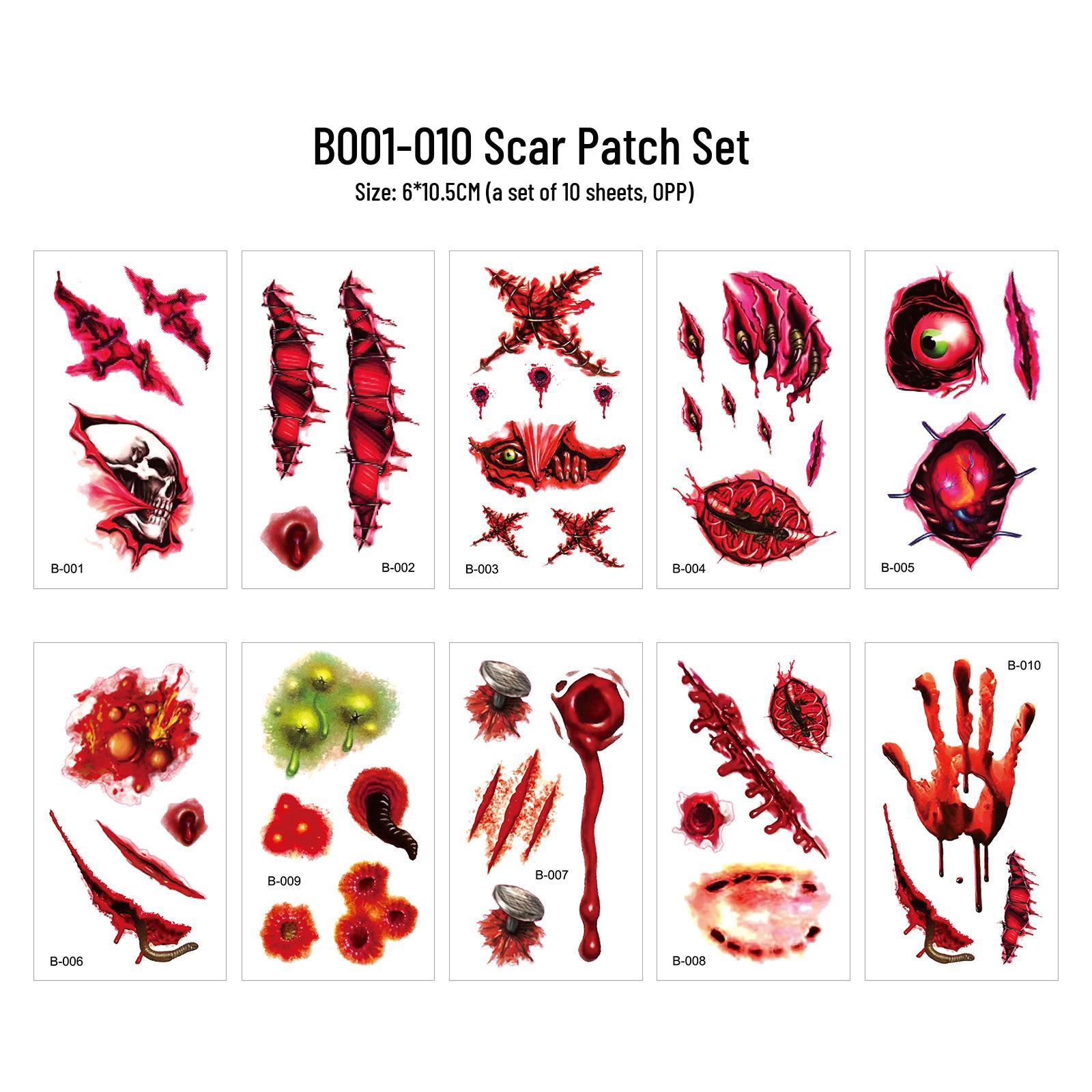 Waterproof Halloween Horror Scar & Face Tattoo Stickers OPP Packaging