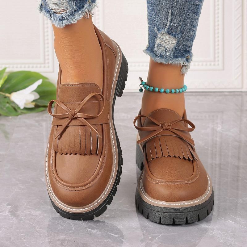 

Large size fringed small leather shoes for women s spring and autumn new solid color thick-soled one-pedal single shoes 36