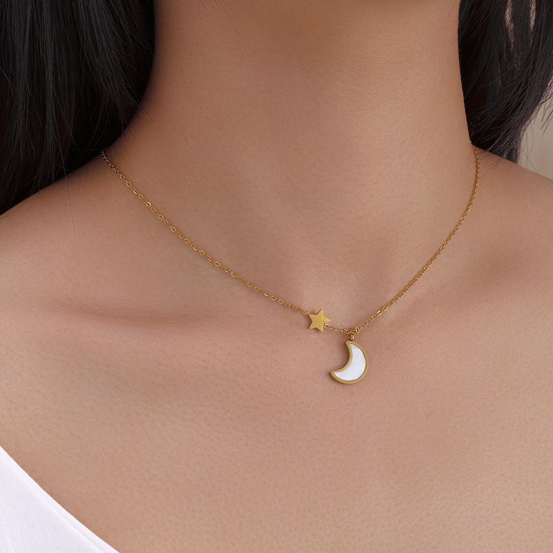 Moon and Star White Shell Necklace for Women - New Titanium Steel Luxury Clavicle Chain, Simple, No Fading