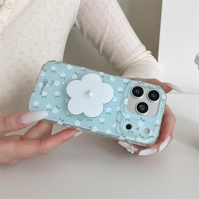 Floral Blue Stand Case for iPhone 17 Pro Max - Double Layer Protection