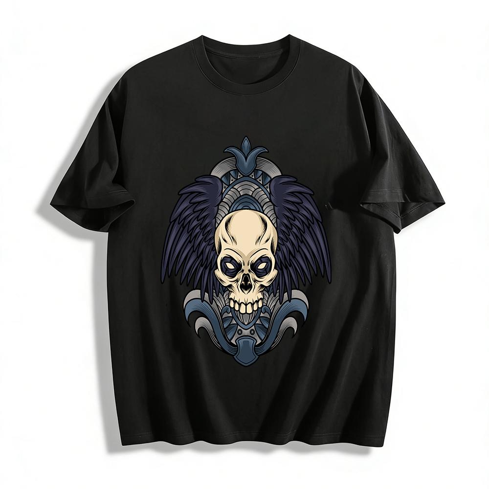 Dark Winged Skull Print Edgy Street Style Men s Casual T-Shirt Pure cotton T-shirt XXS