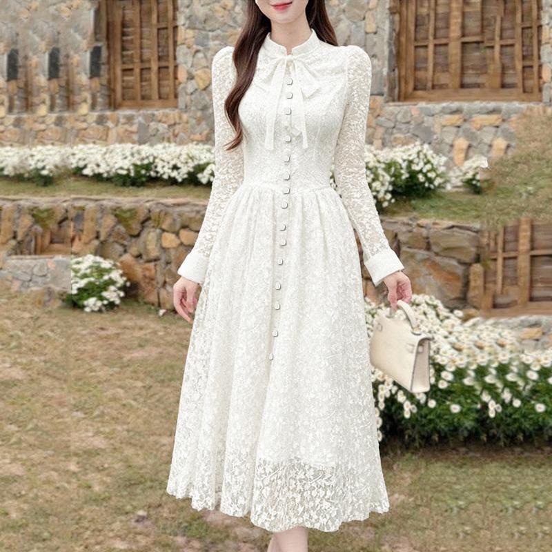 ZANZEA Women Elegant Lace Patchwork Casual Stand Collar Long Sleeve Dress