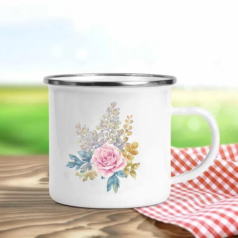 Tazas de Esmalte Retro con Estampado de Flores Tazas de Café Creativas Verano Picnic al Aire Libre Bebidas Zumo Leche Tazas de Acampada Asa Utensilios para Beber Regalos
