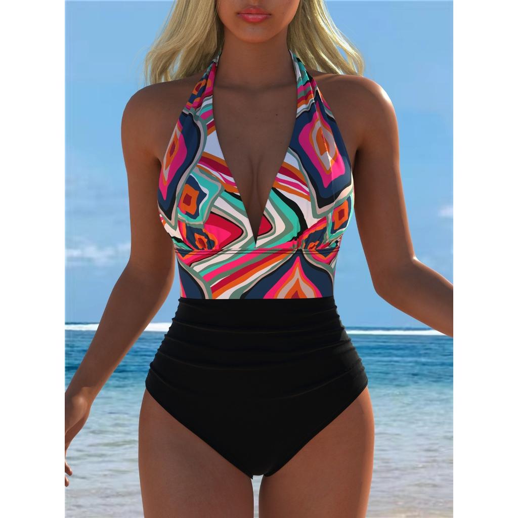 New European and American Style Leopard Print One-piece Swimsuit Women's Deep V Neck High Waist Thin Backless Beach Vacation Swimsuit