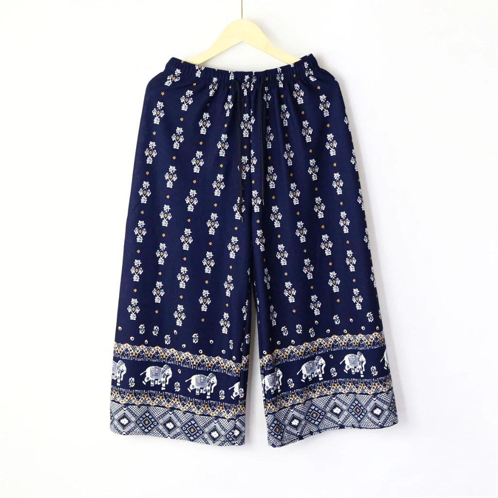 Elephant Capris Crop Pants Adjustable Elastic Waistband Rope Loose Legs Women Men Unisex Print Thailand Casual Streetwear Beach Bohemian Retro Vintage