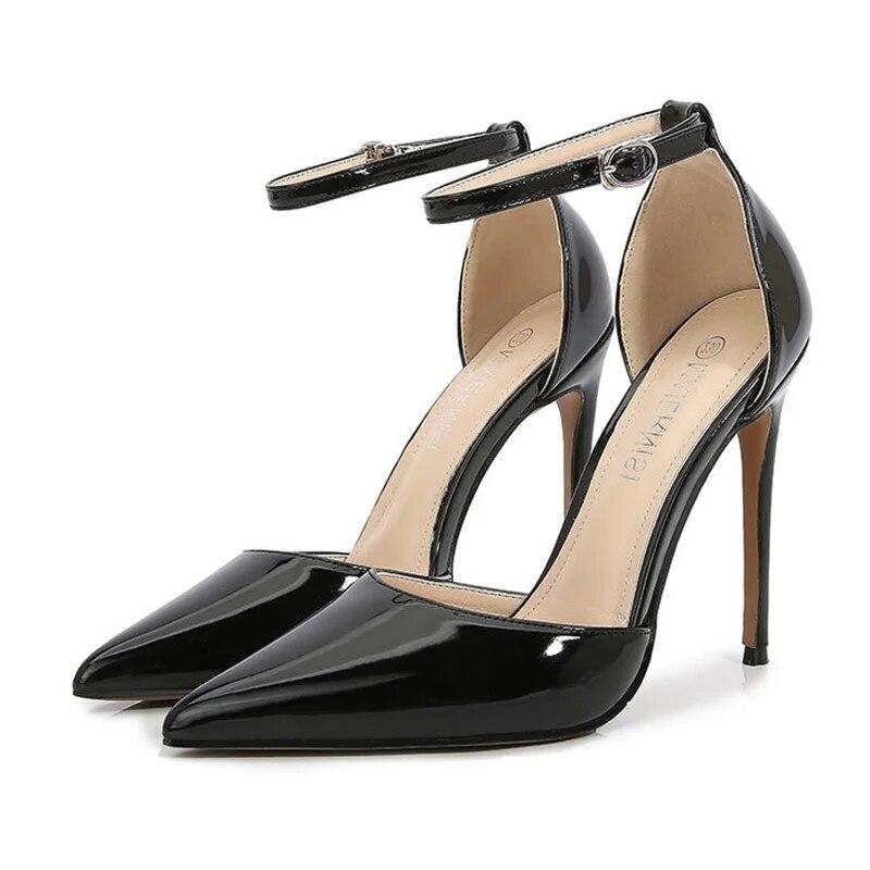 Women OL Sexy 12cm Point Toe Heels Ladies Stiletto Shoes Pointed Toe Shimmer Sexy Buckle 12cm Heel WZ