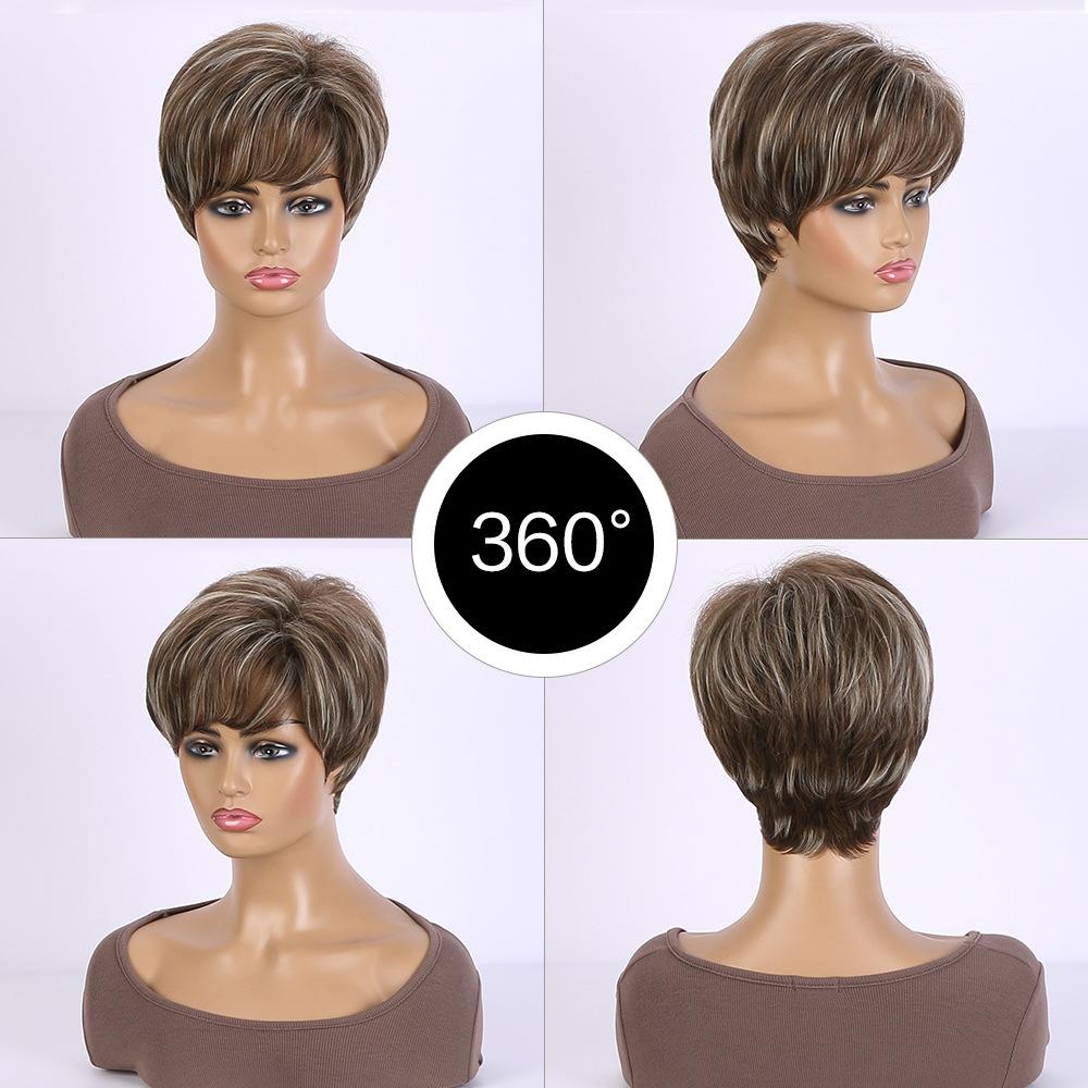 

Жіночі синтетичні короткі хвилясті перуки Стильне багатошарове змішане світло-каштанове волосся з чубчиком для щоденного вечірнього костюма Термостійке волокно золотий коричневий колір