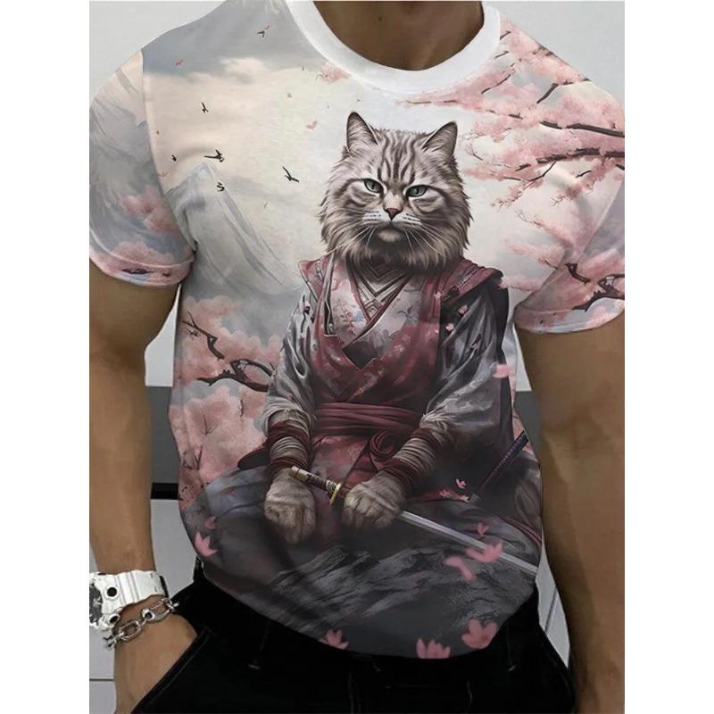 Men's TShirt Style Samurai Cat Graphic 3D Printed T-Shirt Casual Short Sleeved Tee Ersized Men Clothing Tshirt
