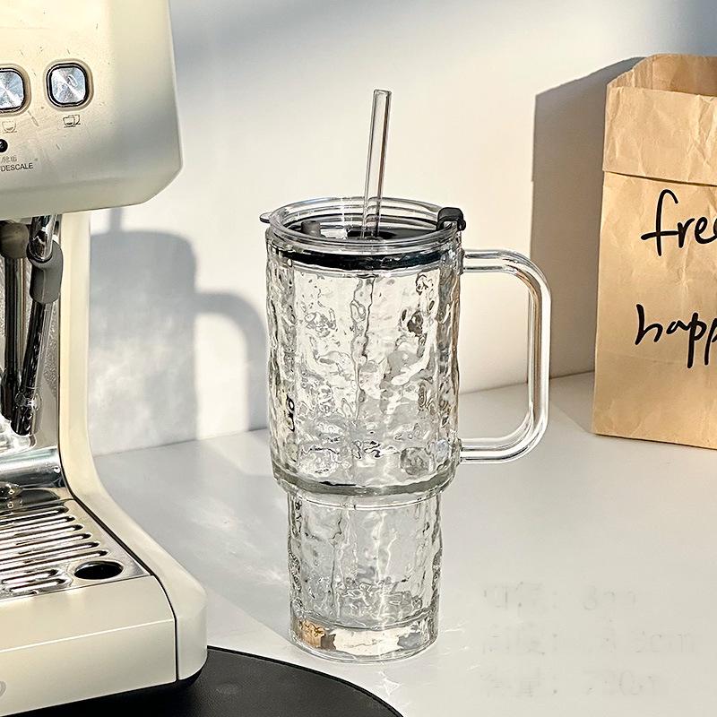 2025 Stylish Large Glass Water Cup with Handle, Lid, and Straw - Ice Buster Edition
