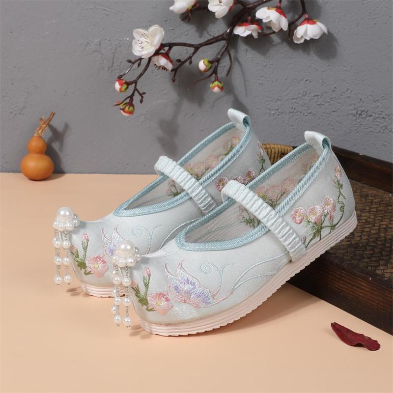 

Сандалии для девочек с вышитыми бабочками и жемчугом, студенческие сандалии в китайском стиле, костюм ханьфу, тканевая обувь для выступлений 35(insole 21.5cm) синий