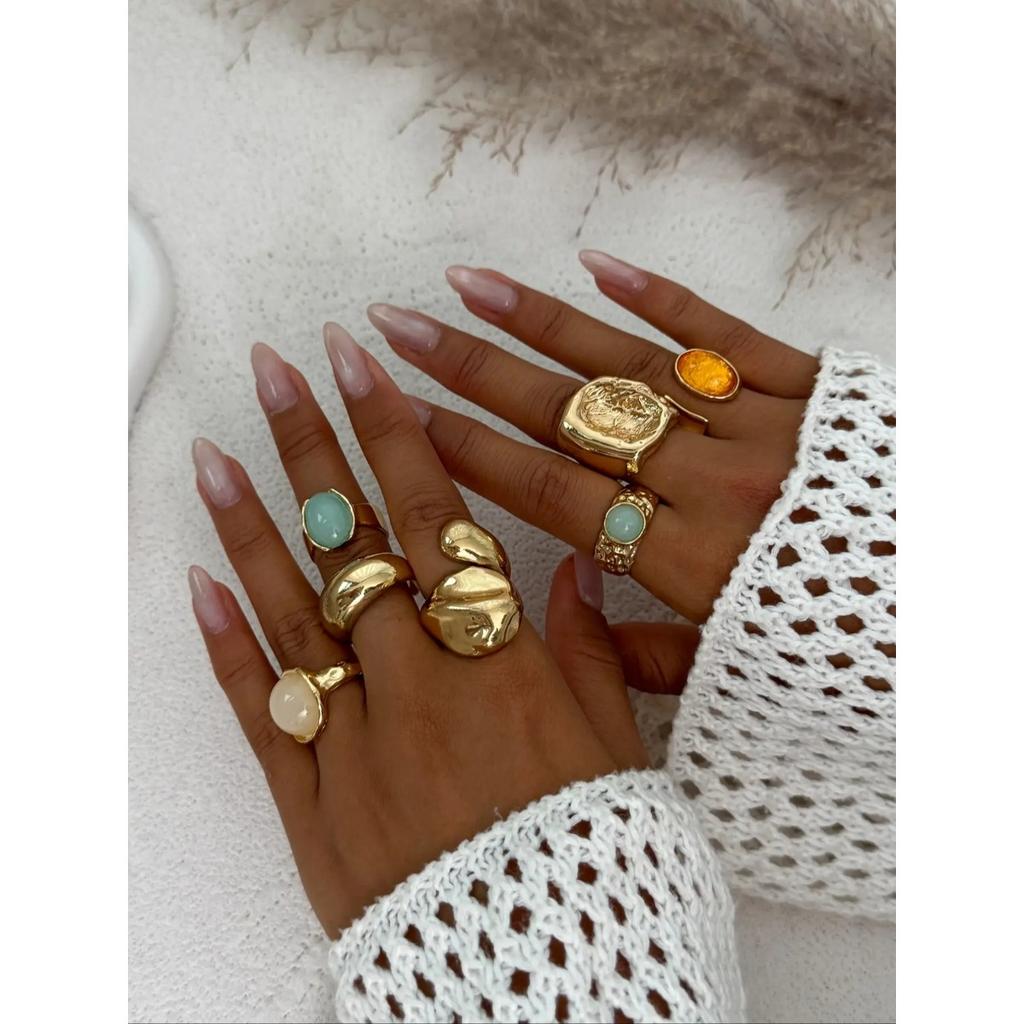 7 Pieces Women's Vintage Fashion Geometric Design Ring Set, Bold Metal Rings, Perfect for Daily Wear & Party, Jewelry Gifts