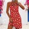Women Plus Size Criss Cross Cutout Halter Neck Sleeveless Floral Printed Fitted Curved Hem Dress