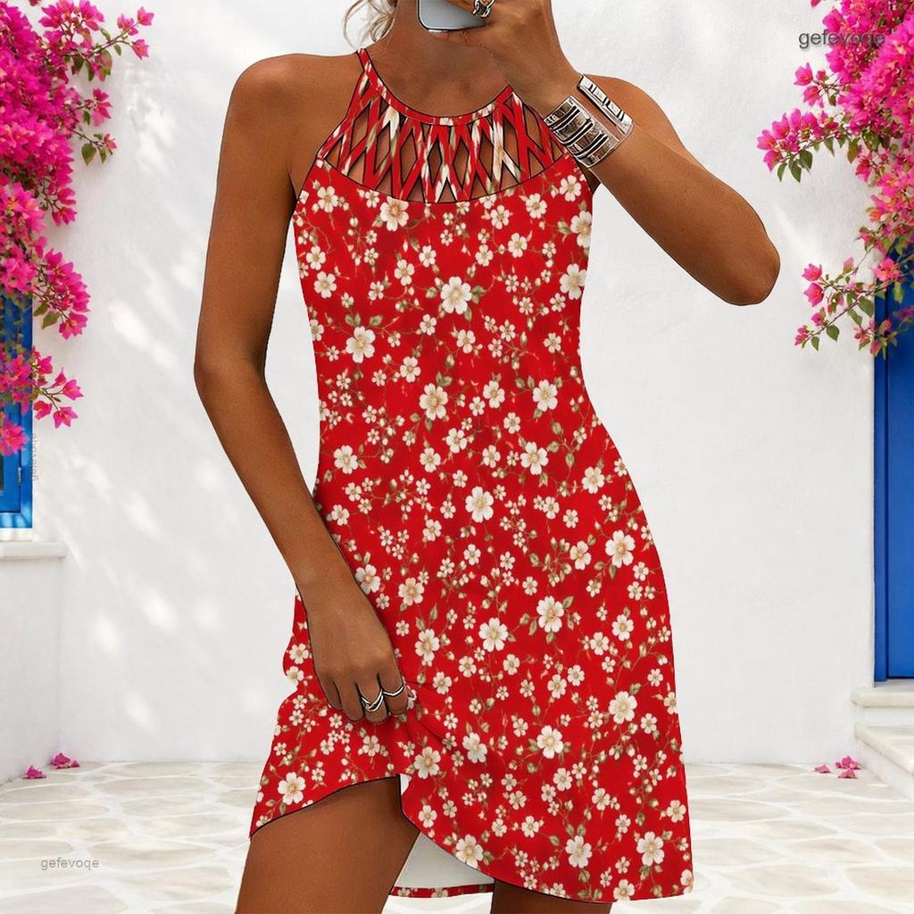 Women Plus Size Criss Cross Cutout Halter Neck Sleeveless Floral Printed Fitted Curved Hem Dress