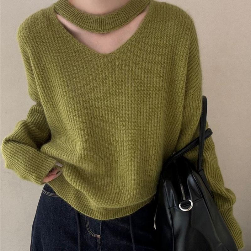 Women's V-Neck Halter Neck Pure Wool Sweater - Elegant Autumn/Winter Loose Knit Pullover