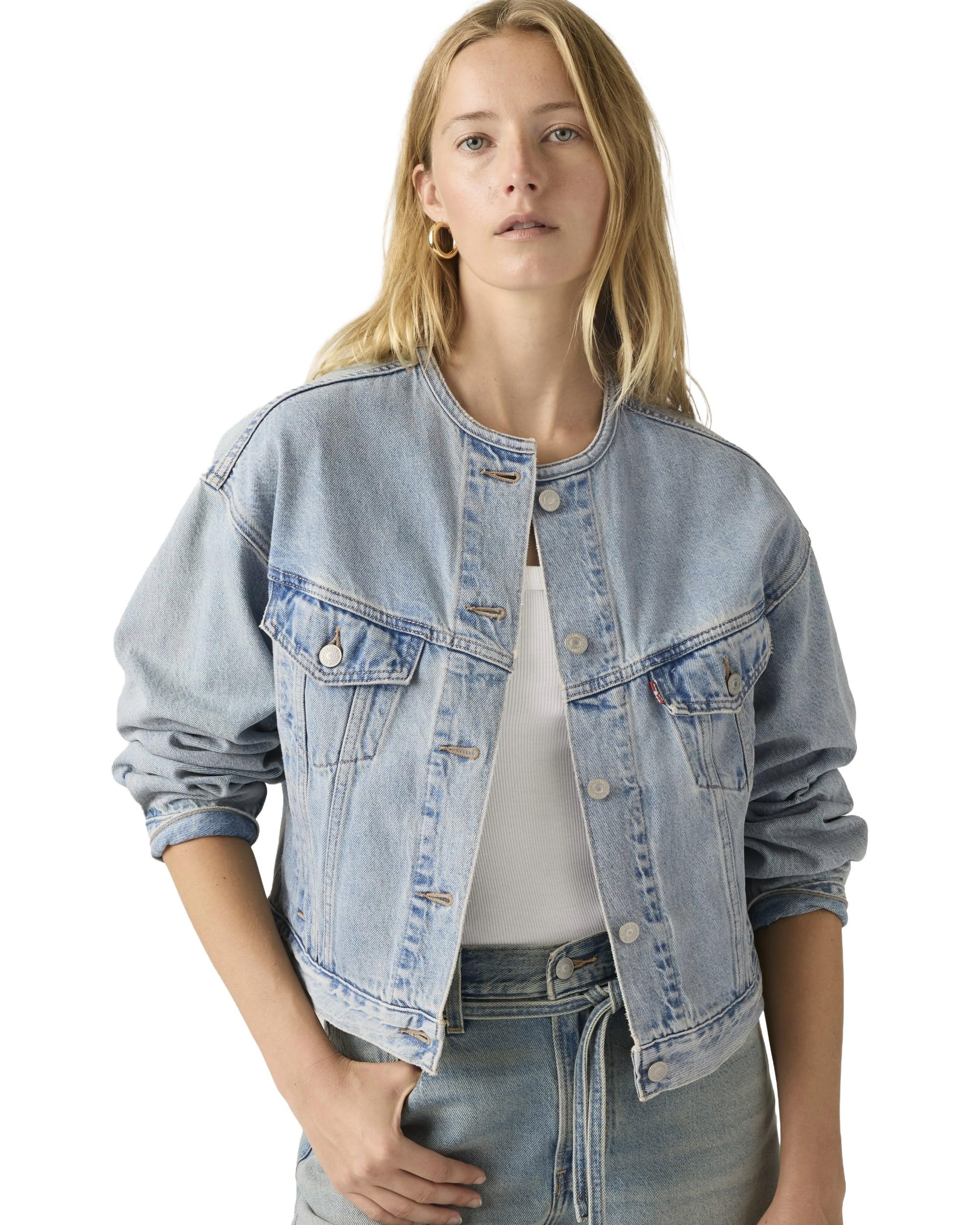 Levi s Denim Jacket 90S Shrunken Cropped Trucker Jacket Collarless Women s 006EZ-0001 US L