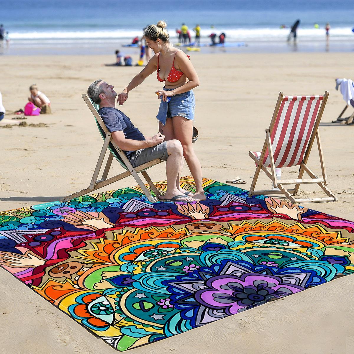 Tapis de plage à motif Mandala à séchage rapide, résistant à l'eau et à l'humidité, pour pique-niques en plein air et couverture de camping 150x150cm