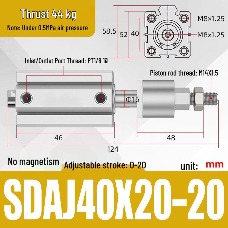 Adjustable Stroke Pneumatic Thin Cylinder - Piston Rod Sizes: 16/20/25/32/40/63