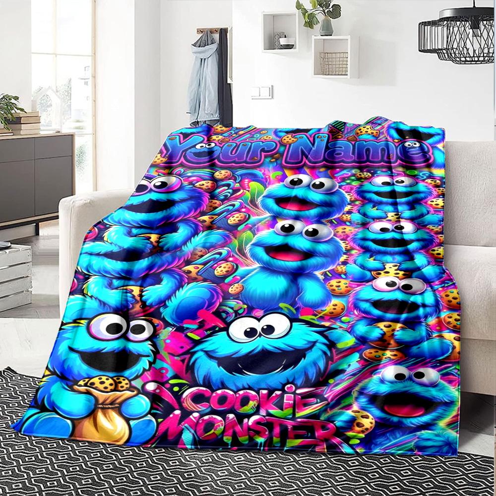 Name Custom Cookie Monster Print Flannel Blanket High Quality Warm Comfortable Cover for All Seasons Perfect for Gifts Home Decor
