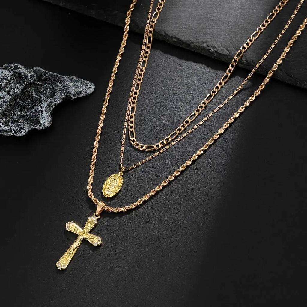 Salircon 3Pcs/Set Fashion Creative Gold Color Jesus Cross Pendant Necklace Men Hip Hop Twisted Adjustable Clavicle Chain Jewelry
