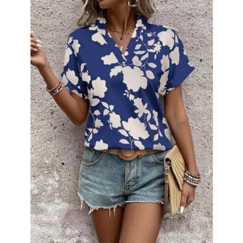 Women Floral Print V Neck Short Sleeve Blouse Casual Notch Collar Rolled Cuff Shirt