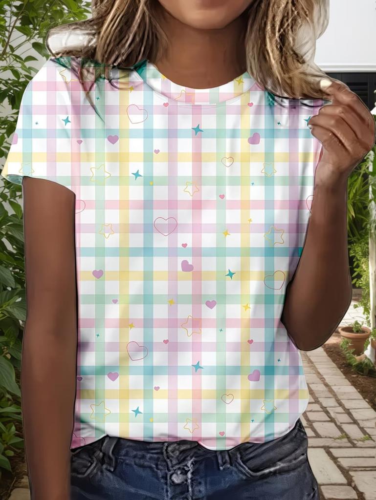 Women's Contrasting Striped Printed T-Shirt Round Neck Loose Short Sleeved Fashion Simple Commuting Top Y2k Tee Woman Clothing