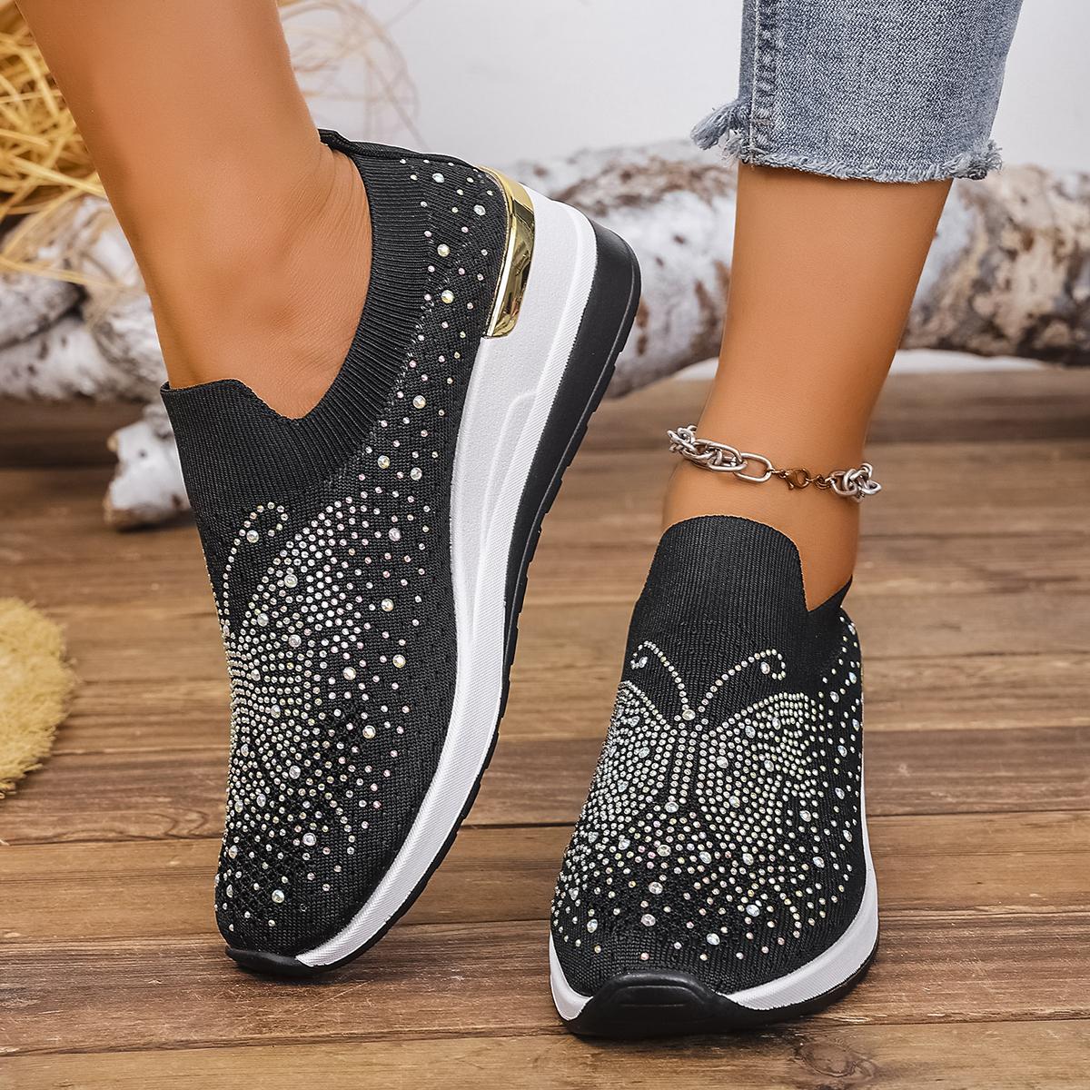 

Женские повседневные кроссовки со стразами, дышащие, на танкетке, женская легкая обувь, слипоны, новая удобная весенняя сетчатая обувь, размеры 36-43 44 чёрный