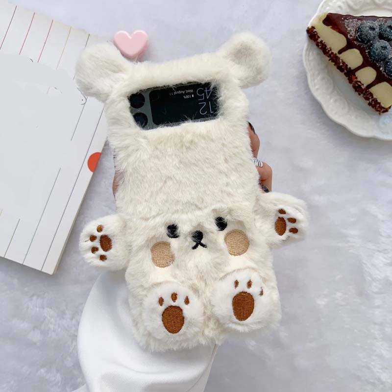 Cartoon Cute Bear Design Autumn and Winter Long Plush TPU Mobile Phone Fold Cover Case for Samsung Galaxy Z Flip 3 4 5 6