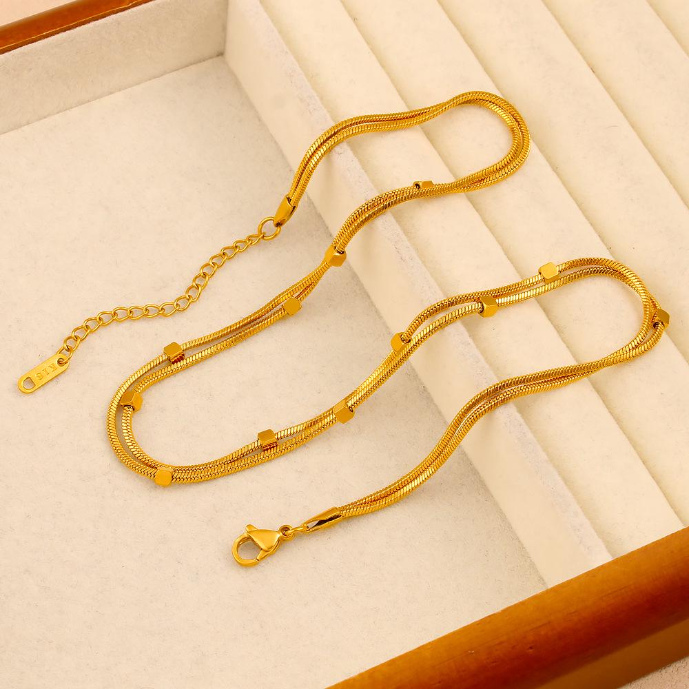 18K Gold Plated Stainless Steel Double Layer Beaded Necklace - European & American Style, Colorfast, Simple & Versatile Clavicle Chain