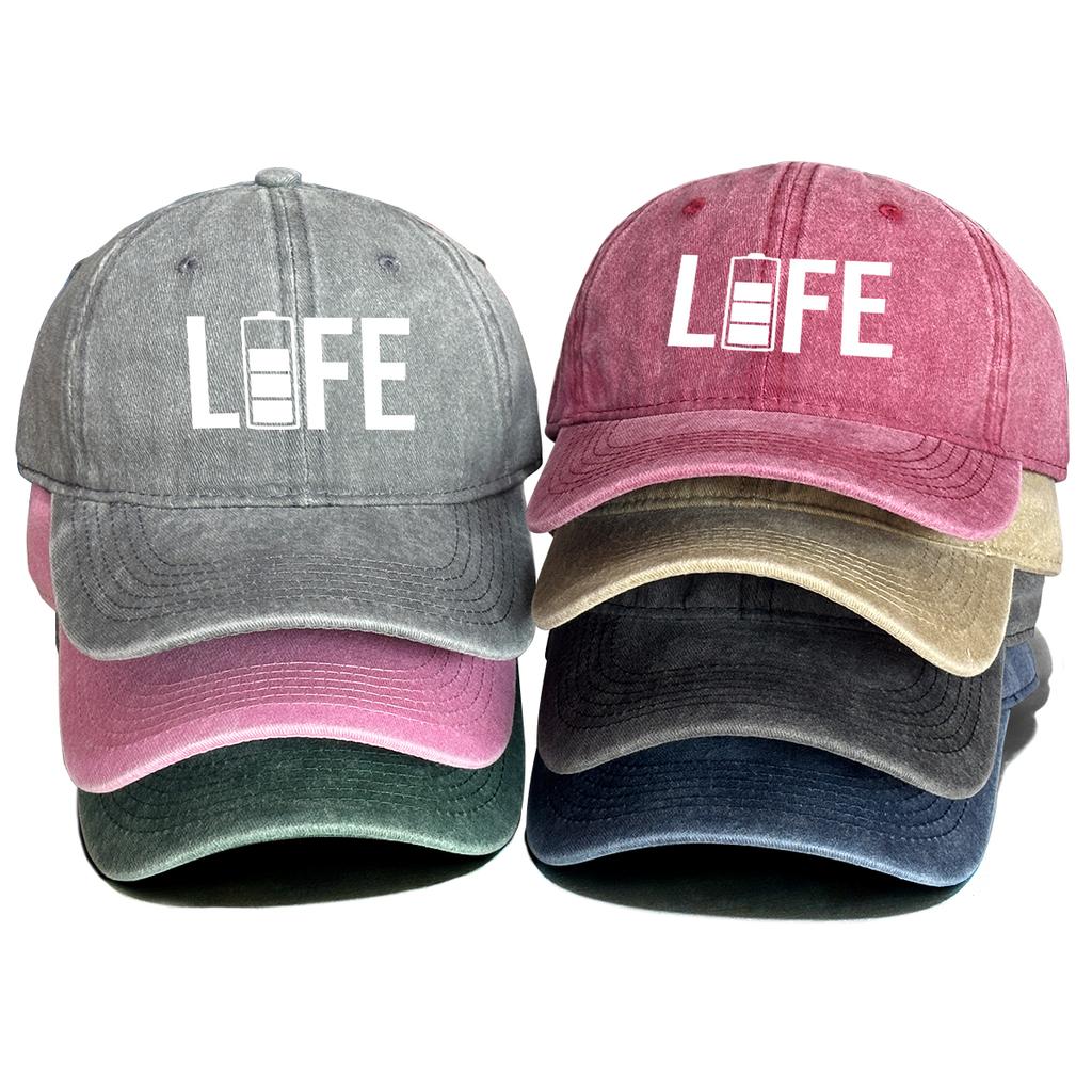 "LIFE" Battery Print Unisex Sun Hat Washed Cotton Hat For Woman Fit Snapback Baseball Hat Perfect For Casual Wear