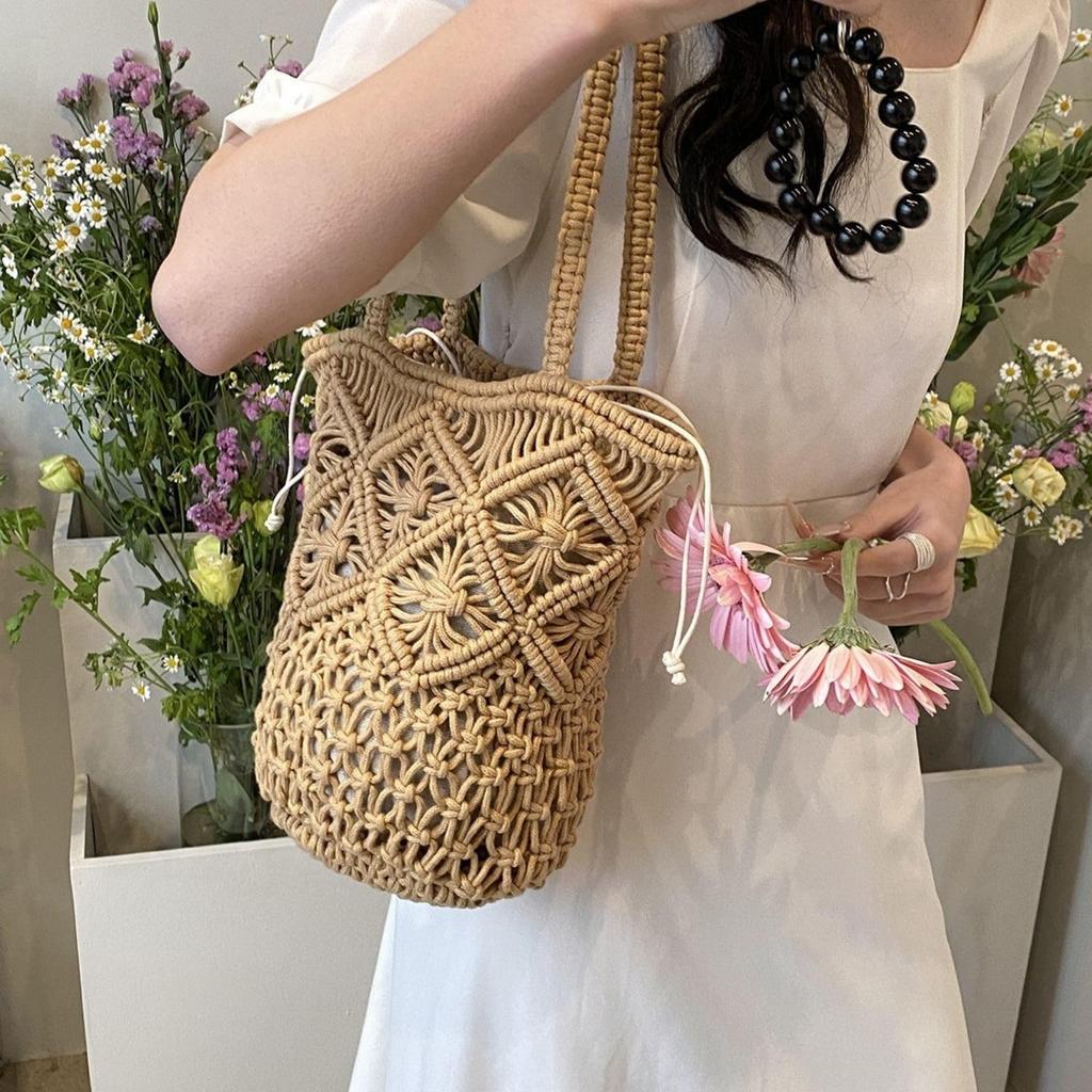 Harujio Basket Elegant and Stylish for Macrame Tote Woven Stylish and Cute Macrame White and Shoulder Summer Perfect for Yukata and Mesh Bag Bag,