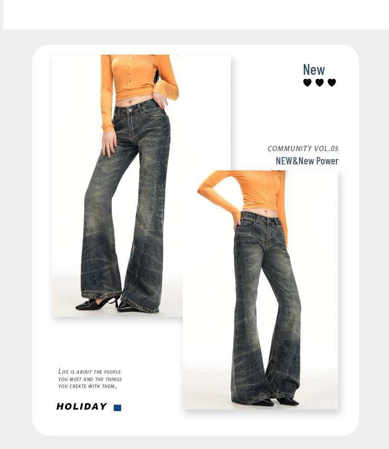 Damskor med hög midja, retro utsvängda jeans: Lös passform, golvlang hovformad design