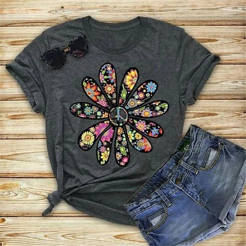 Colorful Daisy Petal Print T Shirt Women Short Sleeve O Neck Loose Tshirt Summer Women Tee Shirt Tops Camisetas Mujer