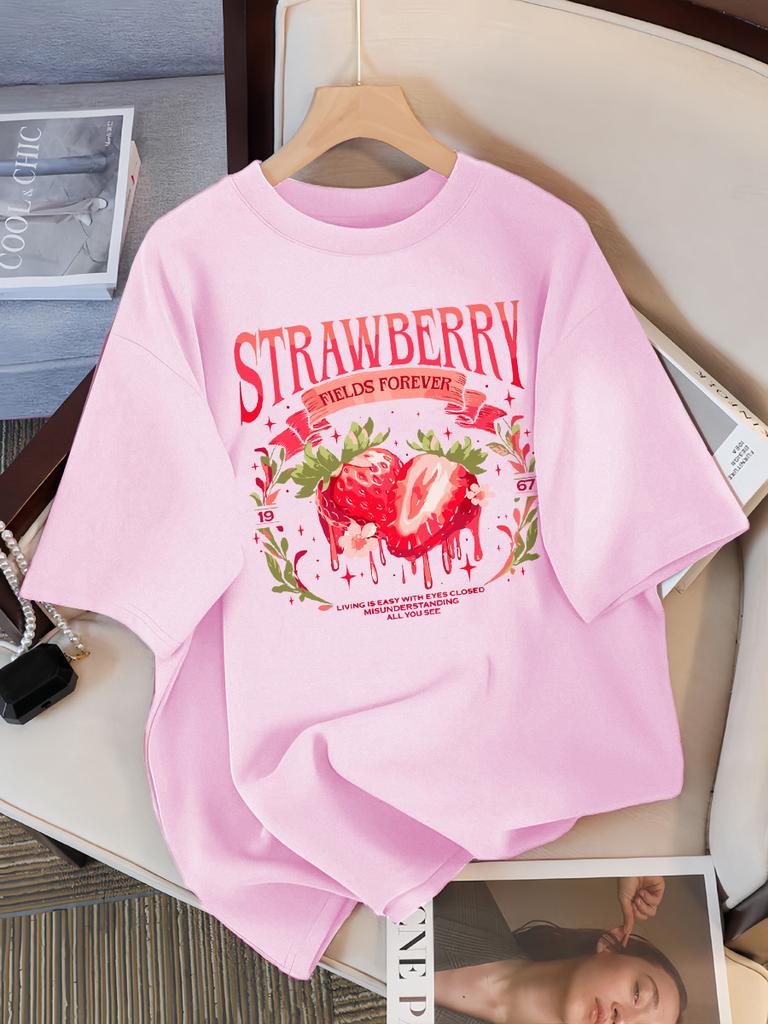 Strawberry Fields Forever Print T-Shirts Damen Atmungsaktives Baumwoll-T-Shirt Hip Hop Locker Streetwear All-Match Freizeitkleidung