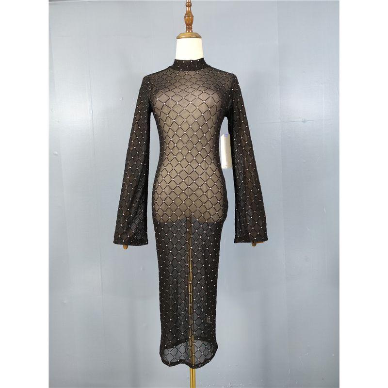 

Export Single Sexy Pure Desire Wind Sexy See-through Horn Long Sleeves Hot Silver Stand Collar Street Cool Black Long Dress Black L