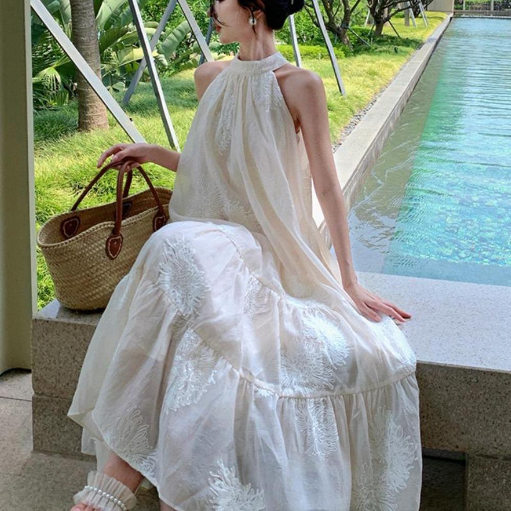 Temperament Bohemian Seaside Resort Style Sexy Loose Hanging Neck Character Embroidery Sleeveless Midi Dress Women Summer 2026