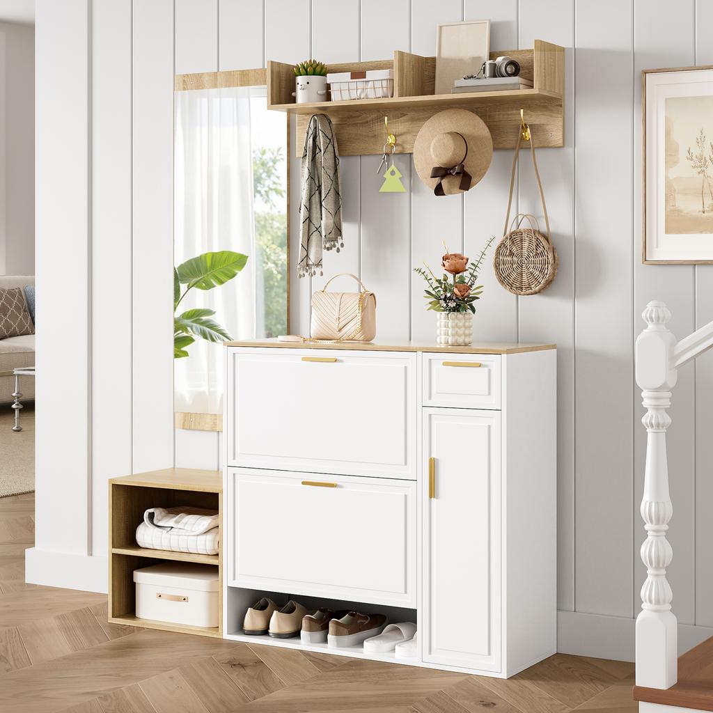 4-piece coat rack set – with shoe cabinet, bench, wall coat rack & mirror, complete hallway furniture set, dimensions: W139.5 x D35 x H166 cm