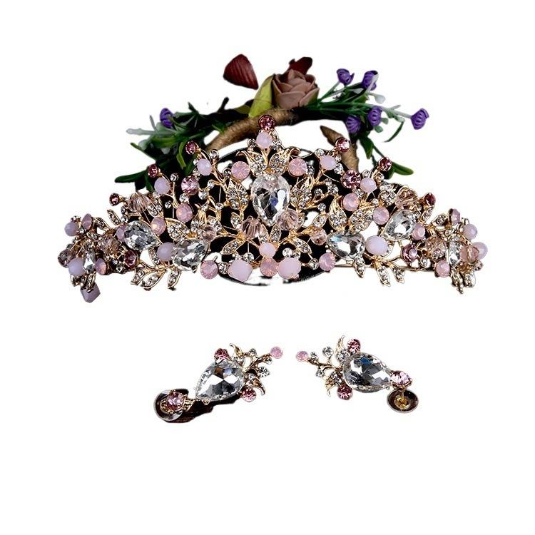Bridal Tiara Gold Crown Wedding Dress Accessories Earrings Hair Accessories Set Pink Crystal Crown