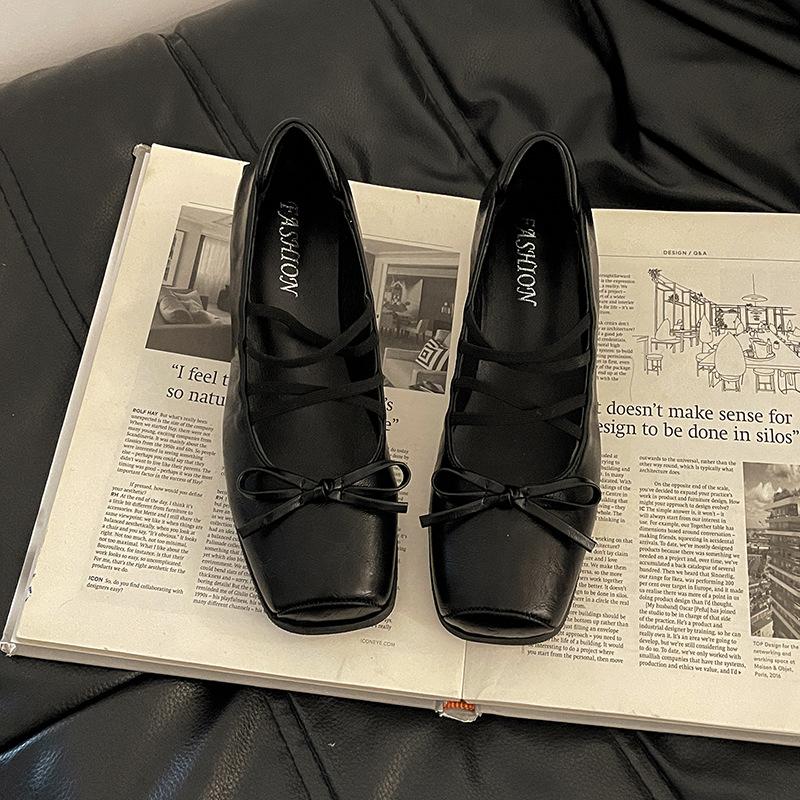 Bow Square Heel Women's Mary Jane Shoes Summer and Autumn French Dress Versatile Ballet High Heel Single Shoes Tide