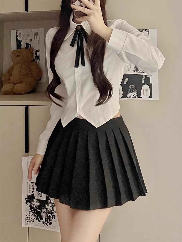 Chic Academy Style Waist-Cinching Long-Sleeve White Shirt - Versatile Slim-Fit for Women M