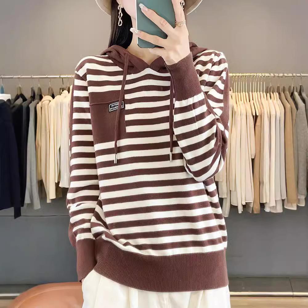 Autumn Fashion Hooded Sweater Women's Striped Colorblocking Casual Hooded Knit Top