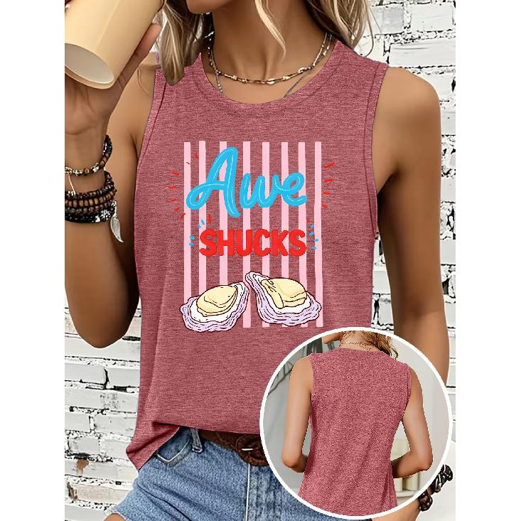 Women's Sleeveless Vest T Shirt Oyster Pink Vertical Stripe Contrast Color English Print Casual Round Neck Top Soft, Skin-friendly, Breathable,