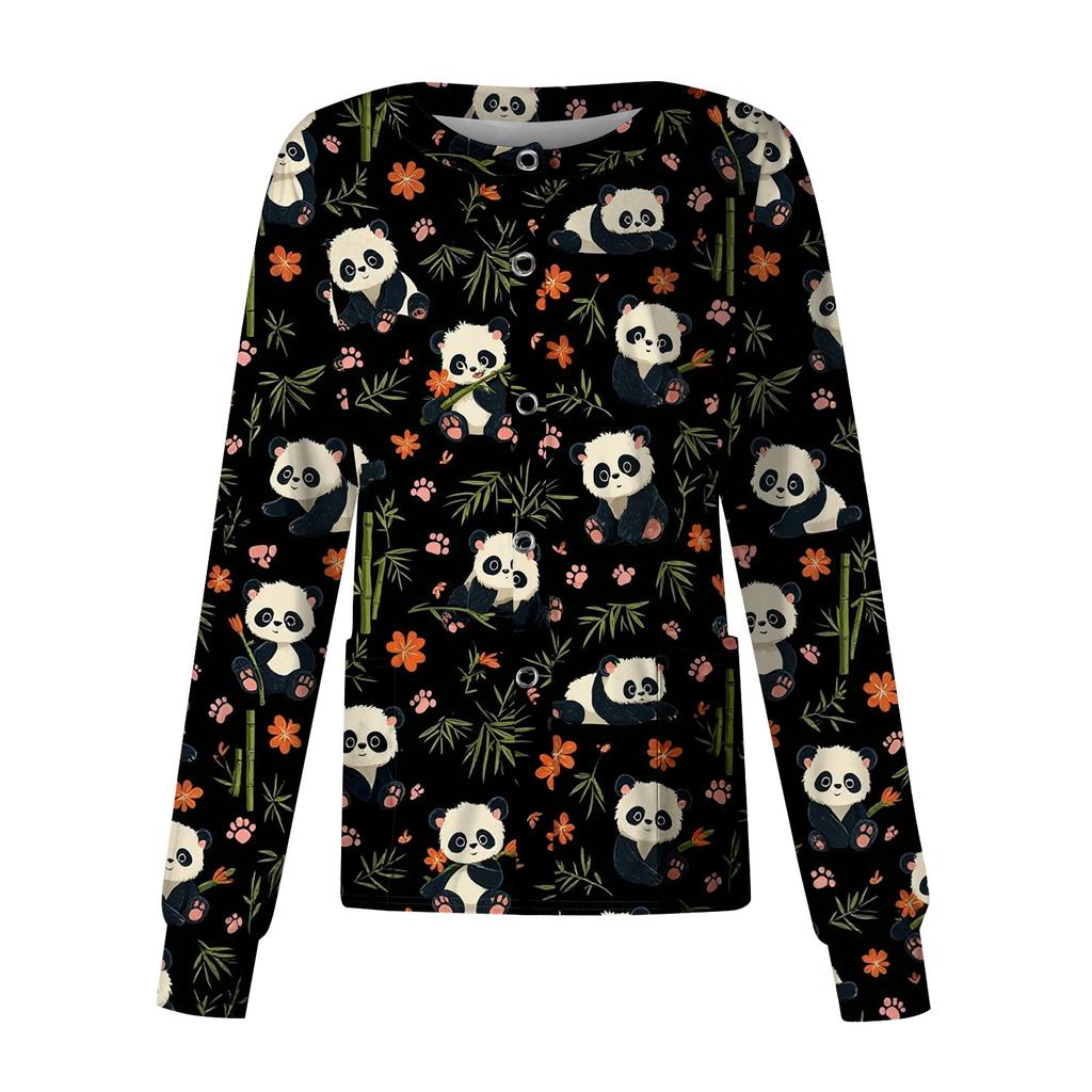 Women Long Sleeve Button Front Cardigan Animal Print Work Shirt Lightweight Casual Cover Up Top for Healthcare and Daily Wear