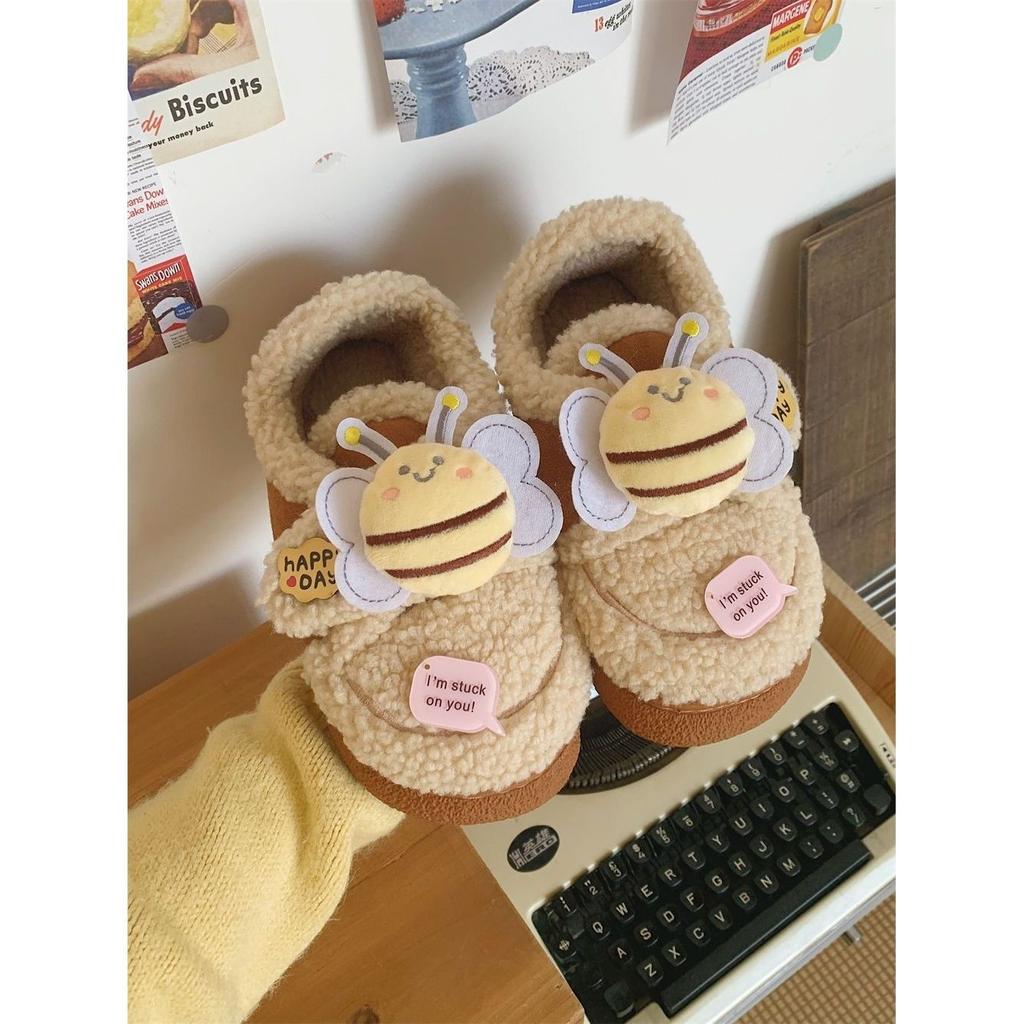 2025 new winter fun cute little bee parent-child cotton slippers outdoor warm non-slip loafer beanie shoes women